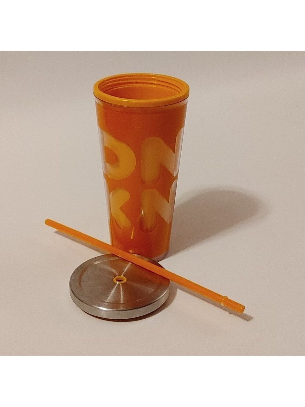 FUN DUNKIN Dunkin Donuts Travel Mug Cold Cup Steel Lid with Straw Orange